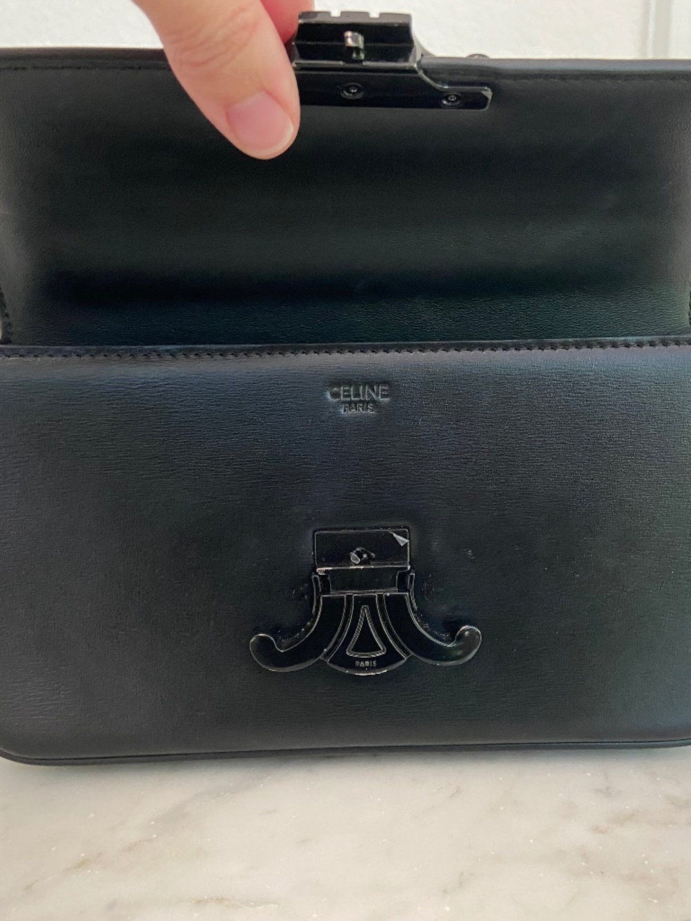 Auth Celine Leather Black on Black Triomphe Bag Chain Strap Black Metal Hardware - Picture 6 of 17